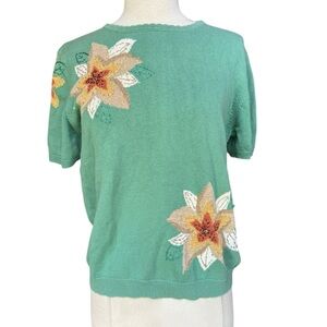 1990s Alfred Dunner Floral Beaded Short Sleeve Sweater‎